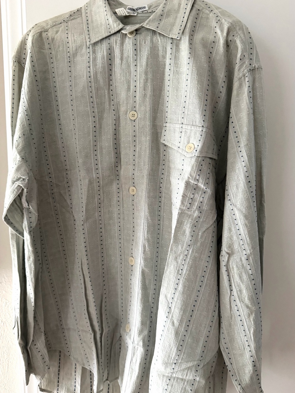 Giorgio Armani Gray Vertical Stripe Button-Up Shirt Cotton Linen White Label